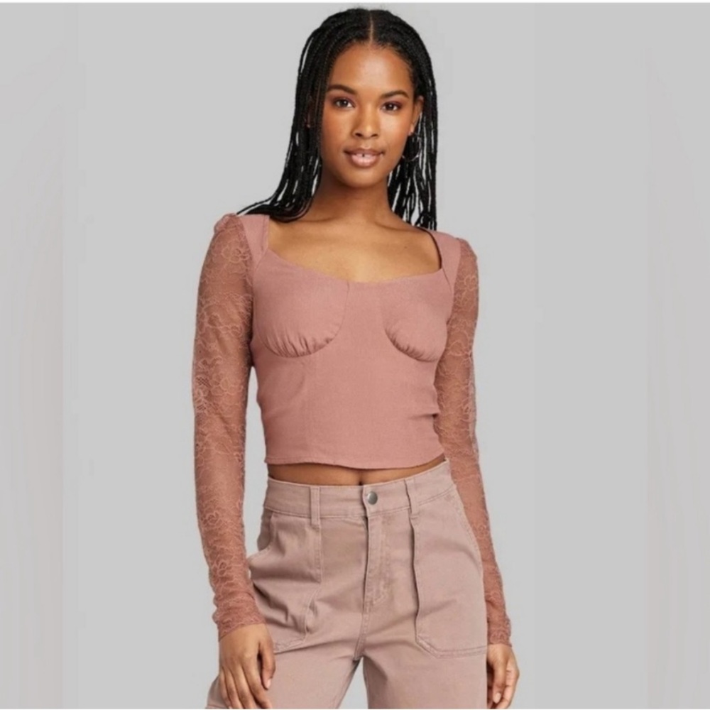 NWT Wild Fable Cropped Boho Lace Sleeve Shirt Square Neck Large Pink